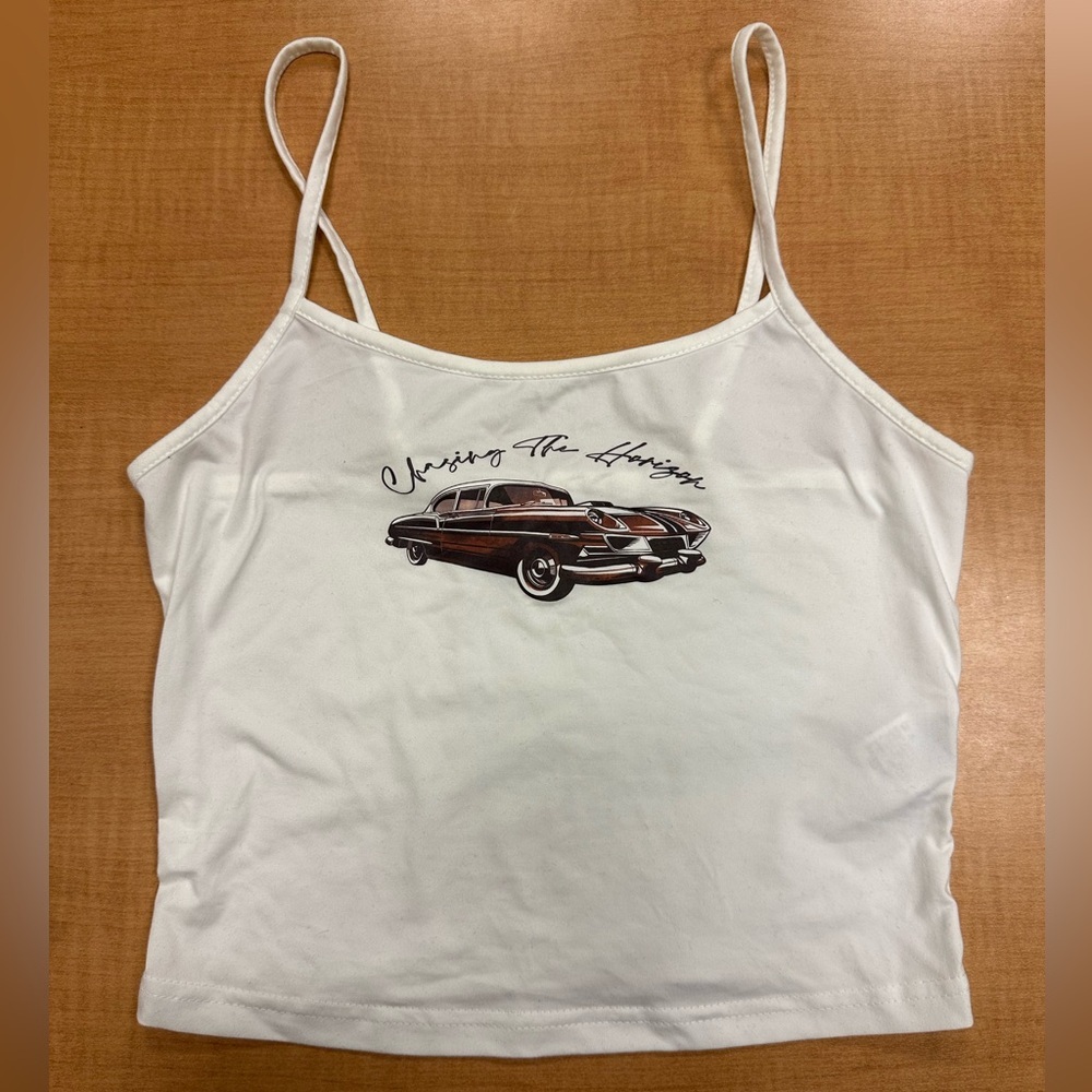 White Spaghetti Strap Top with Vintage Car Print